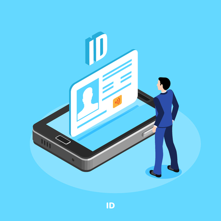 isometric image, a man in a business suit is standing in front of a reclining smartphone on the screen of which there is an id cardのイラスト素材