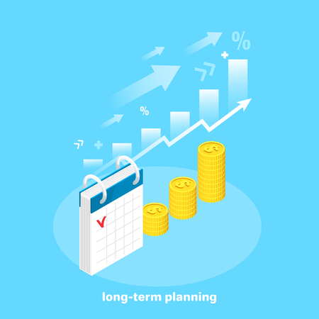 isometric image, financial success and profit, calendar next to gold coins and rising arrowのイラスト素材