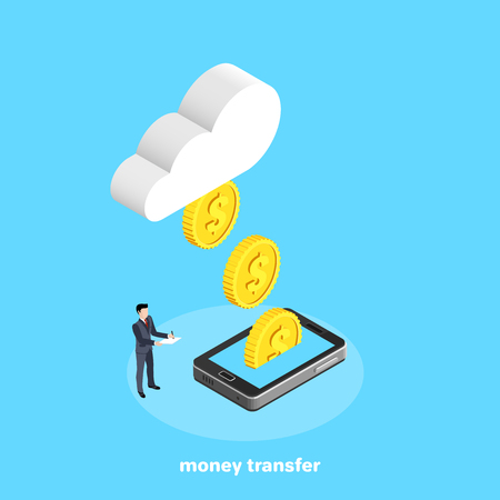 isometric image, a man in a business suit stands next to a smartphone in which gold coins from the cloudのイラスト素材