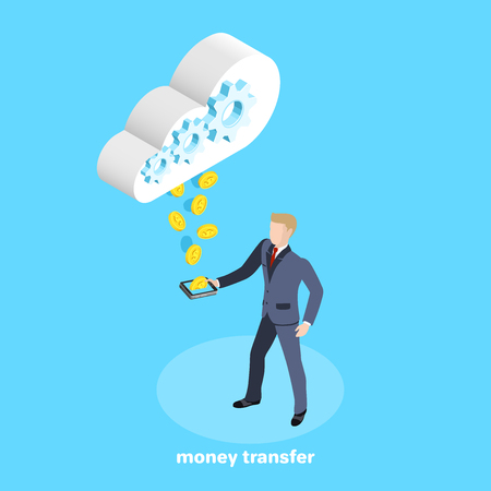 isometric image, a man in a business suit stands next to a smartphone in which gold coins from the cloudのイラスト素材