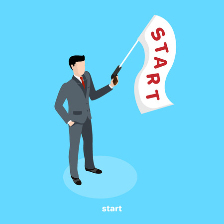 an isometric image, a man in a business suit is holding a gun from which a white flag with an inscription startのイラスト素材