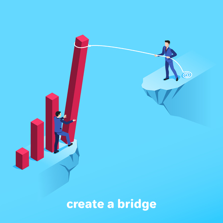 Isometric image on a blue background, men in business suits on the edge of the abyss and a red column of the chart as a bridgeのイラスト素材