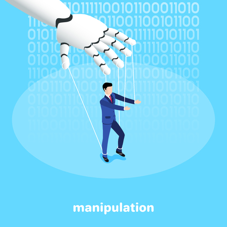 isometric image on a blue background, a robot hand manipulates a man in a business suitのイラスト素材