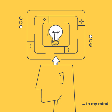 vector linear image on a yellow background, a man's head and a labyrinth with a light bulb in the centerのイラスト素材