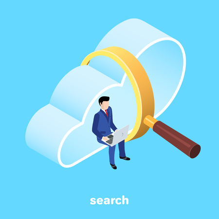 isometric image on a blue background, a man in a business suit with a laptop is sitting on a large cloud in a magnifying glassのイラスト素材