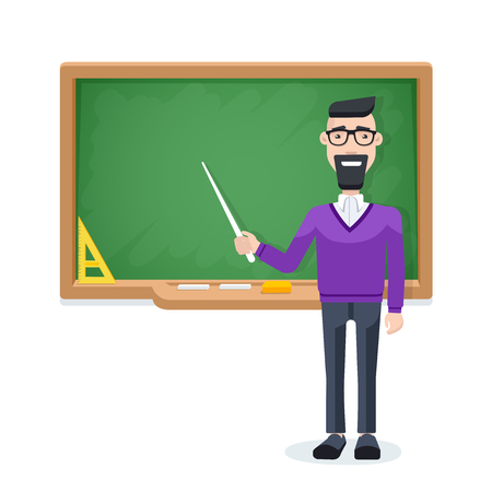 flat image on a white background, a teacher with a pointer stands near the school board, studying at school or universityのイラスト素材