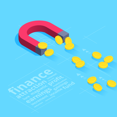 Isometric vector image on a blue background, a red magnet attracts gold coins, business blessing of finance.のイラスト素材