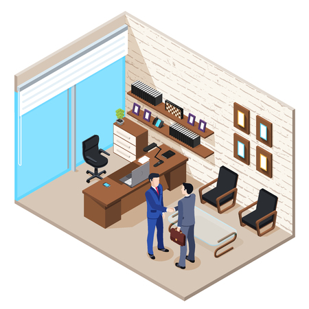 isometric vector image of office, people in business suits shaking hands, office room interiorのイラスト素材