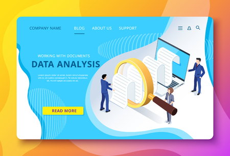 isometric vector image of a landing page, people in business suits study documentation through a magnifying glass on a laptop screen