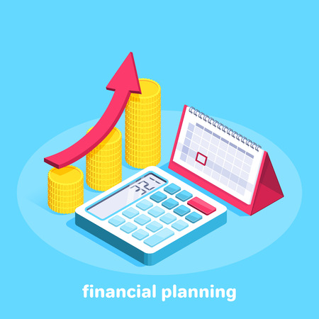 Isometric vector image on a blue background, business calendar and gold coins next to a calculator, budget planning and financing.のイラスト素材