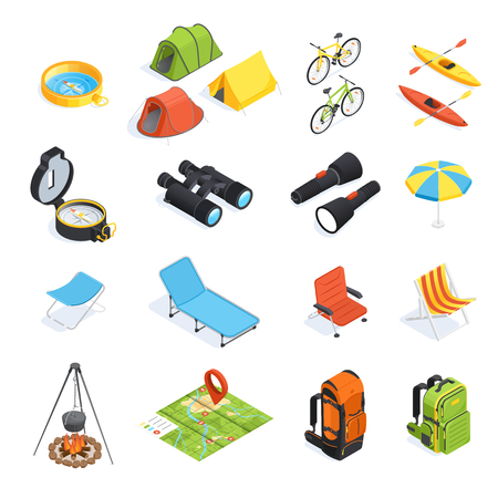 isometric vector image on a white background, set of elements on the theme of camping and tourism, backpacks and bicyclesのイラスト素材