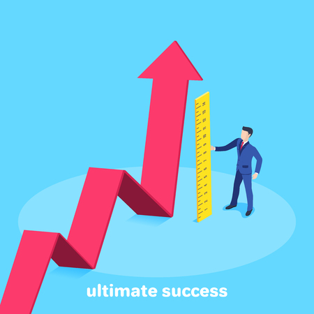 Isometric vector image on a blue background, a man in a business suit with a ruler stands next to a huge red arrow, a growing chart as an indicator of great successのイラスト素材