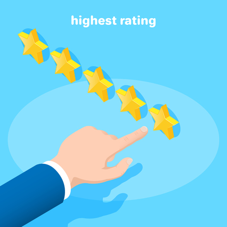 isometric vector image on a blue background, a hand pointing to five stars, rating somethingのイラスト素材