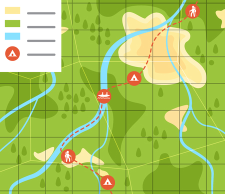 flat vector image on green background, travel map with highlighted itinerary and camping places.のイラスト素材