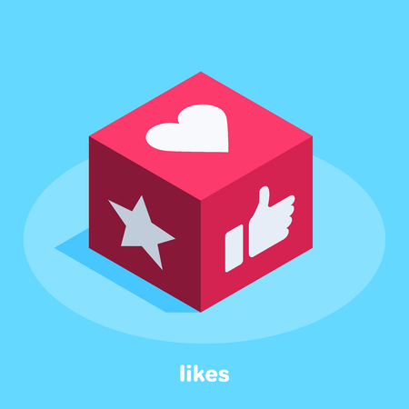 isometric vector image on a blue background, red cube with a star and a heart, icon likeのイラスト素材