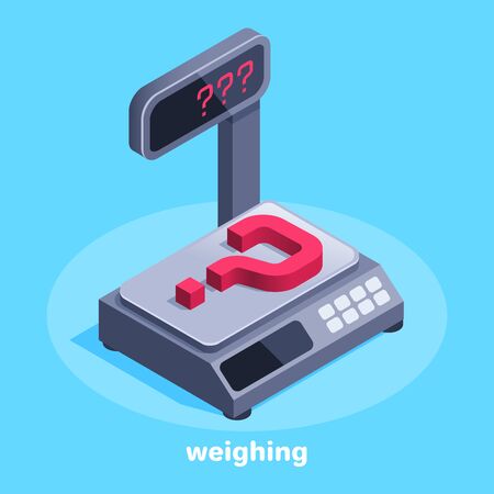isometric vector image on a blue background, electronic scale icon with a question mark, unknown massのイラスト素材