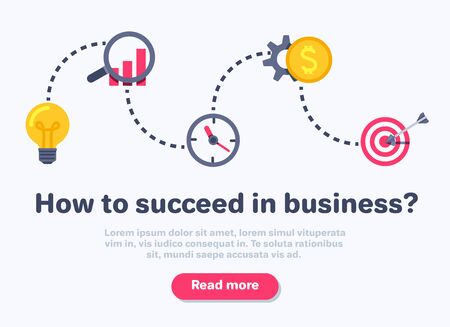 flat vector image on white background in the form of a landing page, business icons connected by chain, business successのイラスト素材