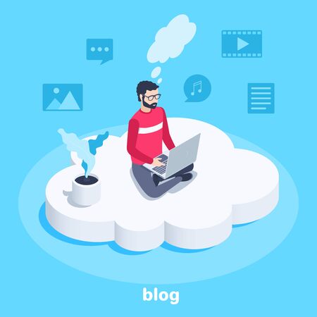 isometric vector image on a blue background, a man in glasses sitting on a cloud with a laptop, the work of a freelance bloggerのイラスト素材