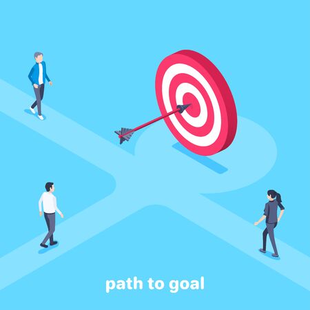 isometric vector image on a blue background, men and women each go their own way to the goal with an arrow, the road to business successのイラスト素材