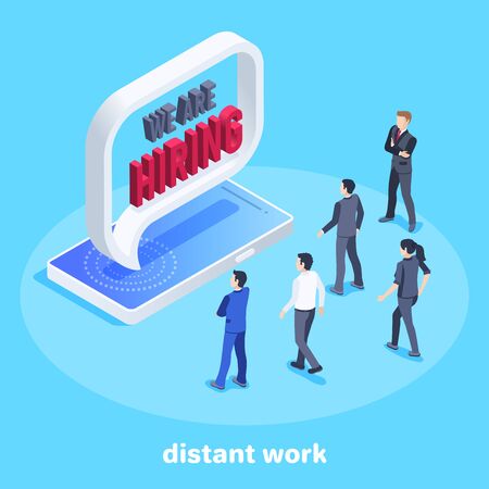 isometric vector image on a blue background, a large announcement on the smartphone screen about a job recruitment, people in business suits are applying for a jobのイラスト素材