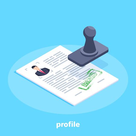 isometric vector image on a blue background, stamp and a sheet of paper with data about a person, affirmative seal, hiring a new employeeのイラスト素材