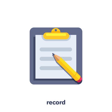 flat vector image on a white background, tablet with a sheet of paper and a pencil, business record or documentのイラスト素材