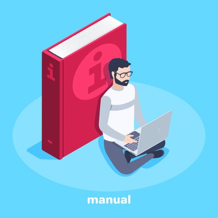 isometric vector image on a blue background, business concept, a man in glasses sits near a big book and reads information in a laptopのイラスト素材