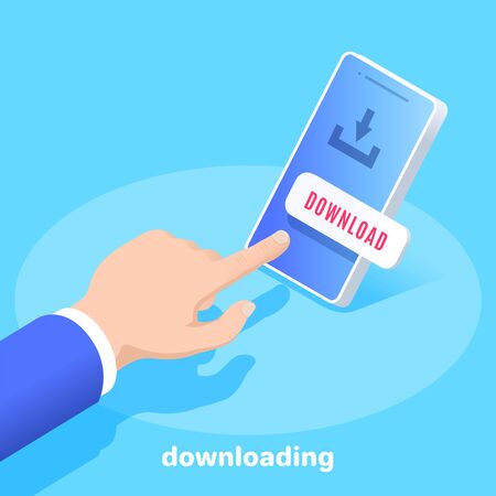 isometric vector image on a blue background, a man in a business suit presses a button on the smartphone screen, downloading applicationsのイラスト素材