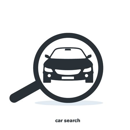Search for a car, engine malfunction in the form of an icon with a magnifying glass, flat vector image on a white backgroundのイラスト素材