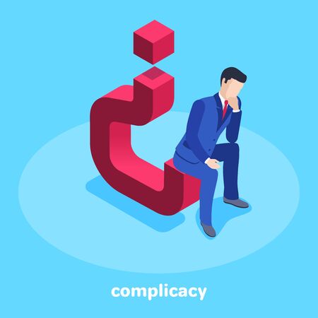 isometric vector image on a blue background, a man in a business suit sits thoughtfully on an inverted question mark, complicacyのイラスト素材