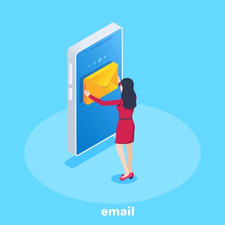 isometric vector image on a blue background, a woman in a red dress takes an envelope from a smartphone screen, reading an emailのイラスト素材