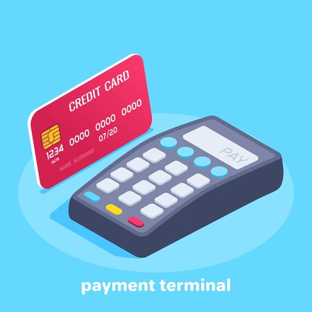 isometric vector image on a blue background, credit card and payment terminalのイラスト素材