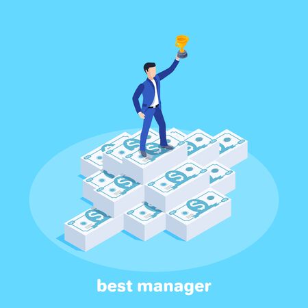 isometric vector image on a blue background, a man in a business suit stands with a cup on a large hill of banknotes, the best sales managerのイラスト素材