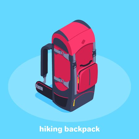 isometric vector image on a blue background, red with a black travel backpack, travel fees and equipment purchaseのイラスト素材
