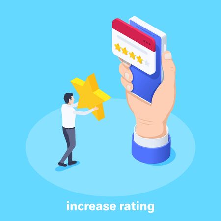 isometric vector image on a blue background, a male hand holds a smartphone with an open browser window and a man with a star, rating onlineのイラスト素材