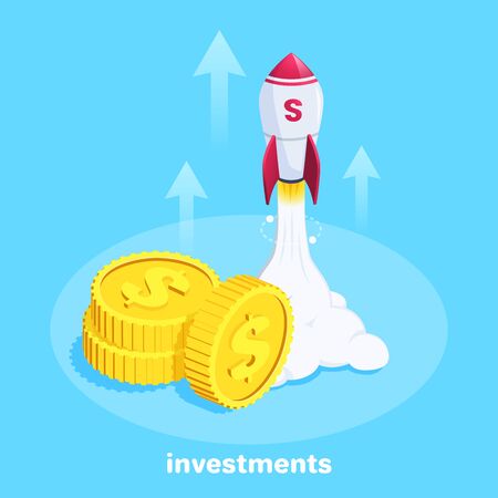 isometric vector image on a blue background, a rocket taking off and coins lying nearby, startup investmentのイラスト素材
