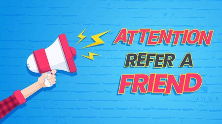 flat vector image on a blue background, a male hand holds a loudspeaker from which comes out a lightning with the inscription refer a friendのイラスト素材