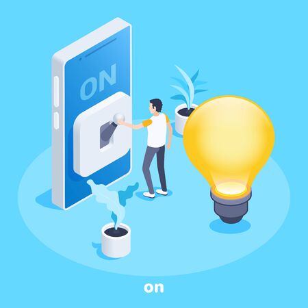 isometric vector image on a blue background, a man presses the switch lever on the smartphone screen and a big lamp, startup and business ideaのイラスト素材