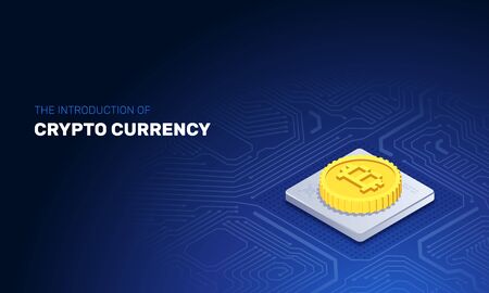 isometric vector image on a dark blue background, bitcoin gold coin lies on the processor of the board, cryptocurrency as digital technologyのイラスト素材