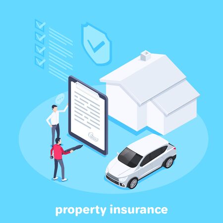 isometric vector image on a blue background, a man signs a property insurance for car and house, filling out documentation and registration of a vehicle and real estateのイラスト素材