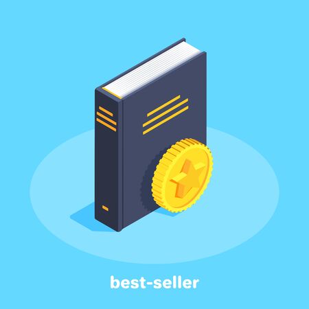 isometric image on a blue background on the theme of reading, a gold coin with a star and a thick black book best seller, award and statusのイラスト素材