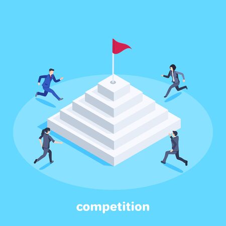 isometric vector image on a blue background, men and women in business suits compete in who first runs up to the top of the pyramid and takes the championship flagのイラスト素材