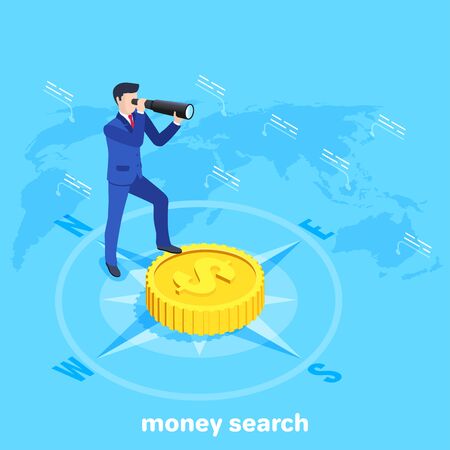 isometric vector image on a blue background, a man in a business suit looks through a telescope while standing on a large gold coin, searching for solutions in business and money searchのイラスト素材