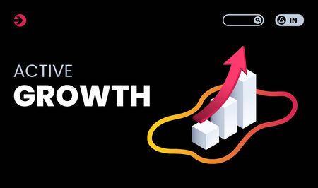 isometric vector image on a black background in the form of a landing, a growing graph with an arrow above it, active growthのイラスト素材