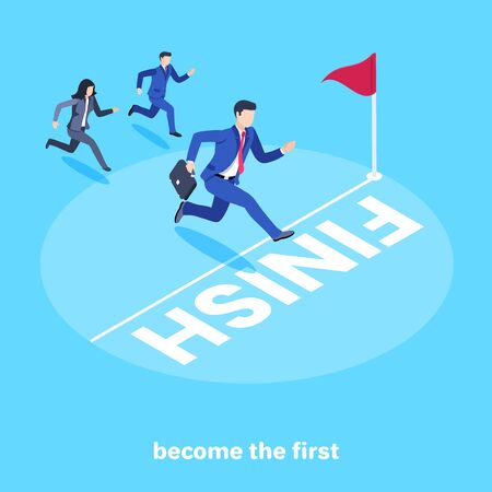 isometric vector image on a blue background, men and women in business suits compete in who will be the fastest and most successful, become the firstのイラスト素材