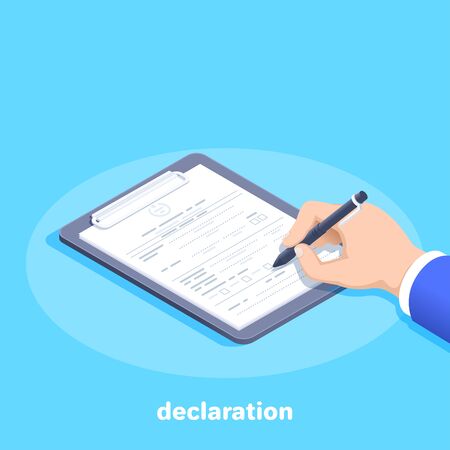 isometric vector image on a blue background, a man in a business suit with a ballpoint pen fills out a declaration or document form lying on a tabletのイラスト素材