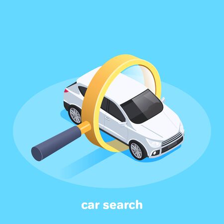 isometric vector image on a blue background, car in a magnifying glass, search and purchase of a carのイラスト素材