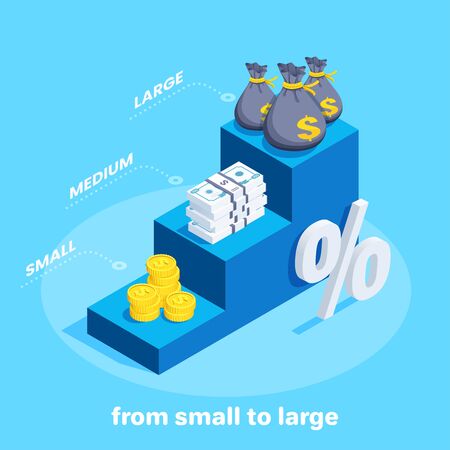 isometric vector image on a blue background, money in the form of coins and bills as well as bags of money on the steps of the chart, financial receipts from small to largeのイラスト素材