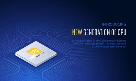 Isometric vector image on a blue background, CPU on a printed circuit board, presentation of a new...