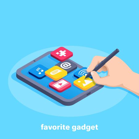 isometric vector image on a blue background, a male hand with a stylus points to the icons on the tablet screen, working with your favorite gadgetのイラスト素材
